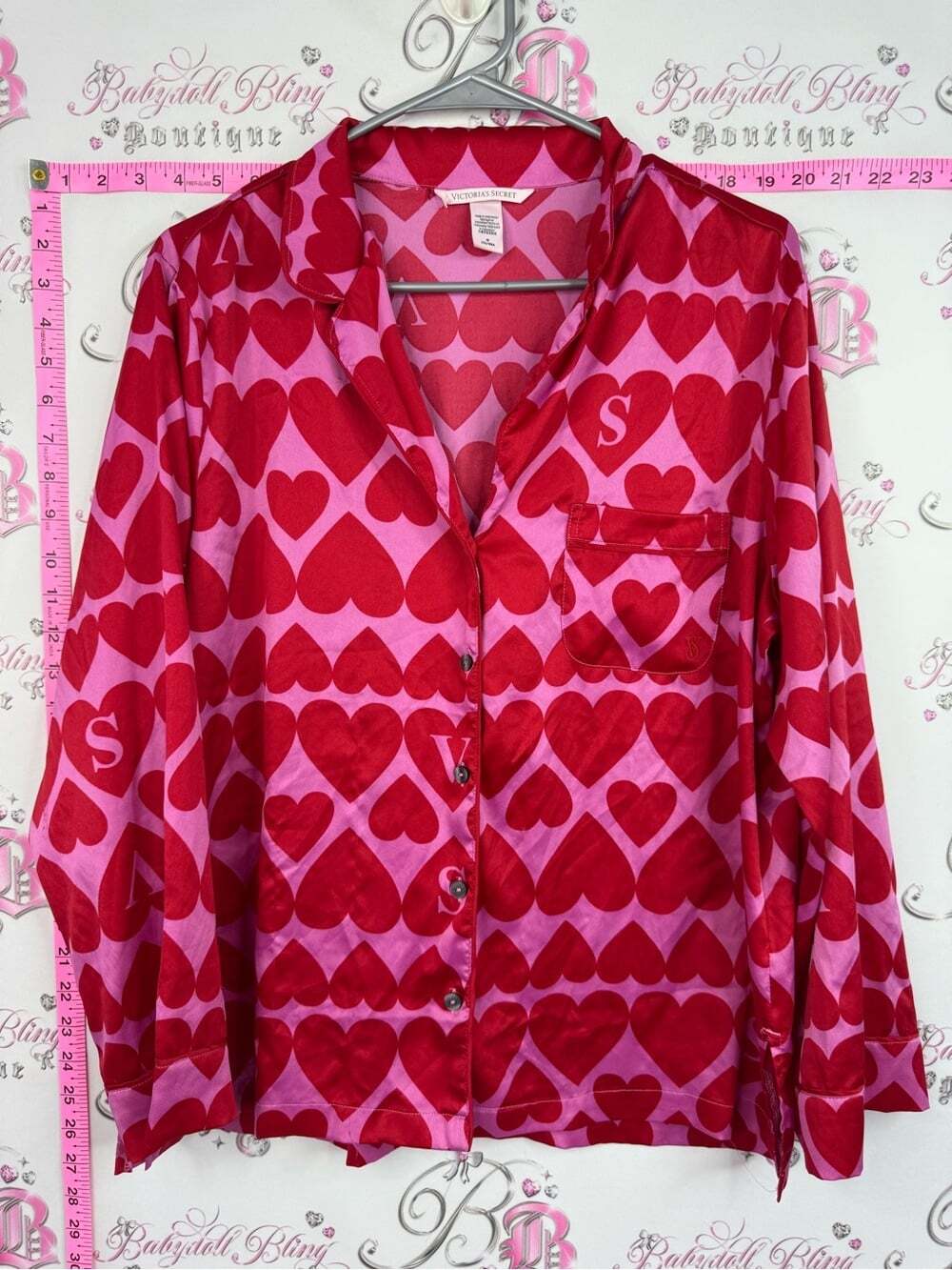 Victoria's Secret Red & Pink Heart Print Satin Pajama Top